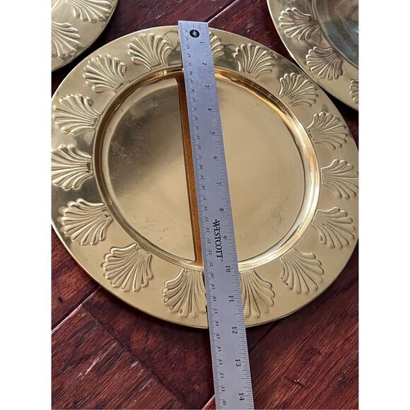 Vintage Set of 4 Brass Charger Plate With Embossed Shells  Vintage Plate Chargers Gold Brass Set of 8 with Embossed Shells